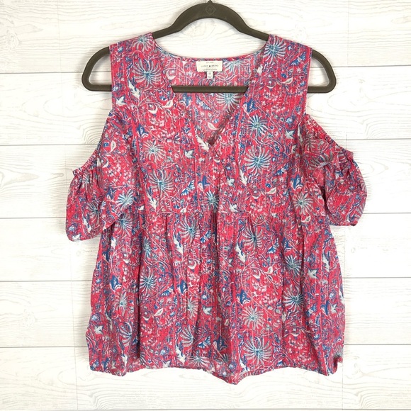 LUCKY BRAND MEDIUM RED FLORAL COLD SHOULDER BLOUSE TOP SHOET SLEEVE - Picture 1 of 4
